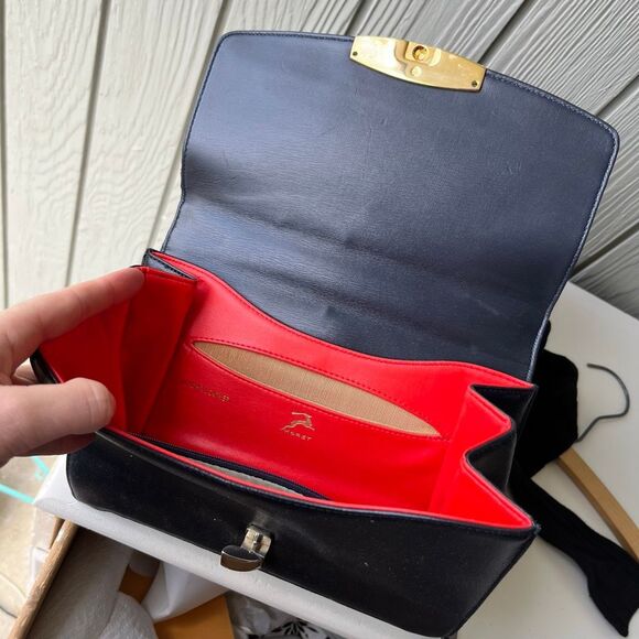 VTG 50s 60s Korent Navy Genuine Leather Top Handle Bag Gold Hardware Red Lining - Picture 2 of 14